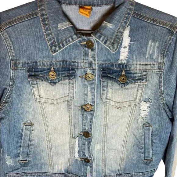 Boho Cropped & Distressed Denim Jacket, Sz L - Picture 2 of 5